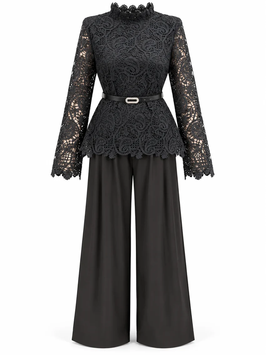 Black Lace Top & Trouser Set