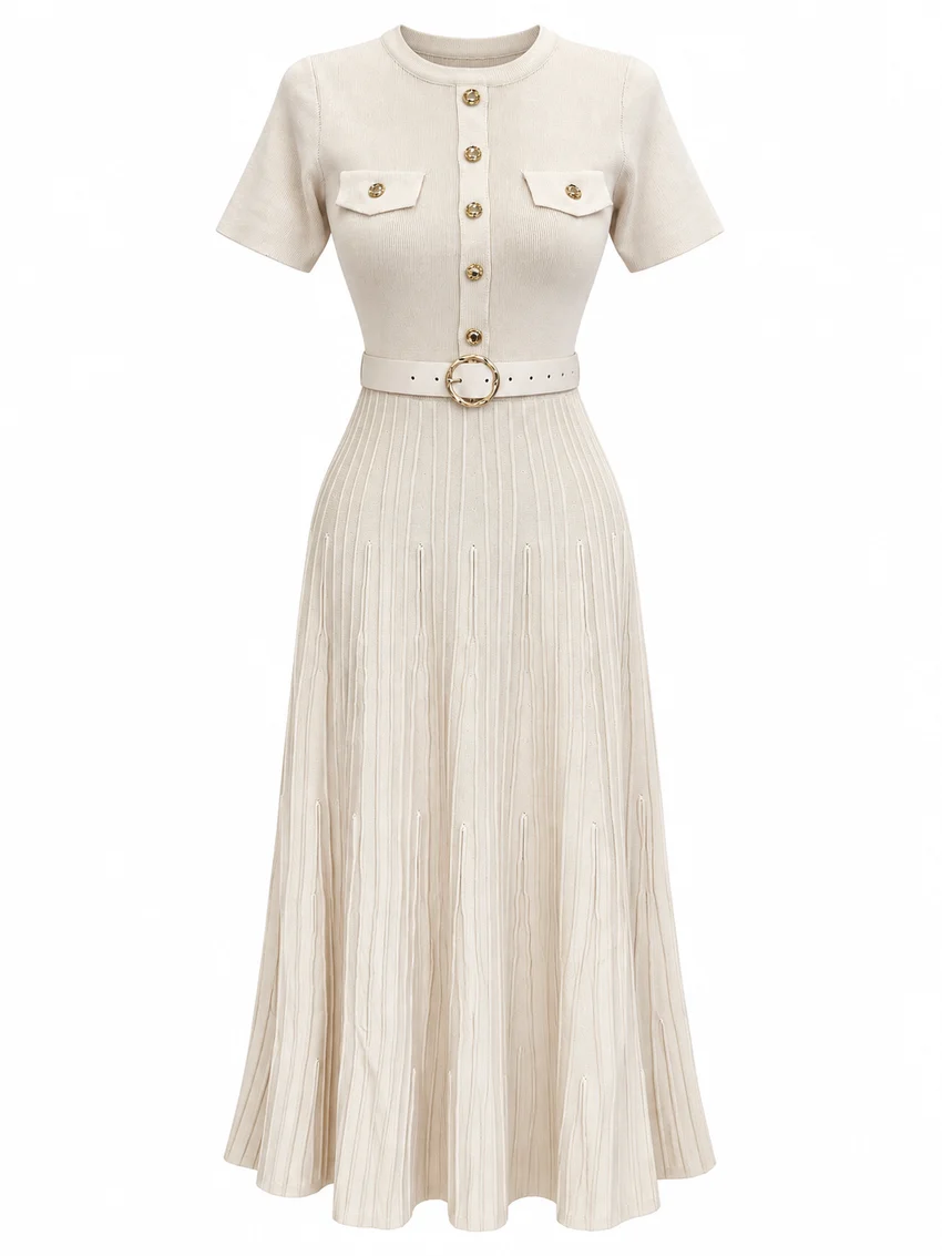 Beige Belted Dress