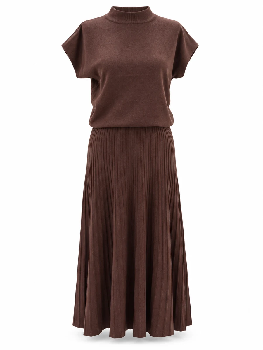 Brown wool skirt set with a matching mock-neck top and long pleated skirt